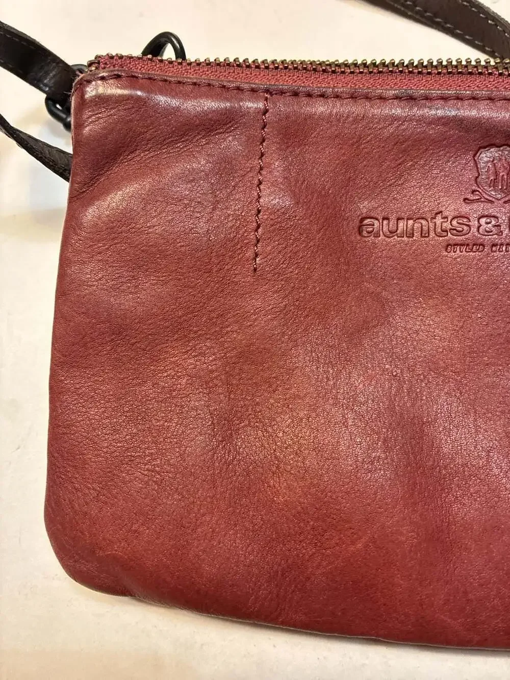 Aunts & Uncles Maroon Leather Small Crossbody Bag with Studded Strap